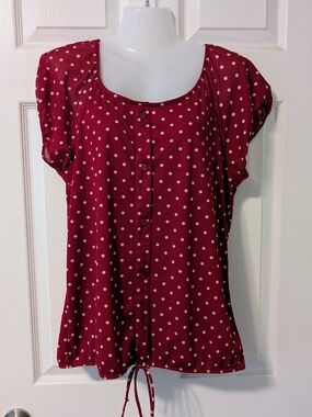 $5 SUMMER SALE! Agenda Burgundy Polka Dot Button-Front Short Sleeve Top